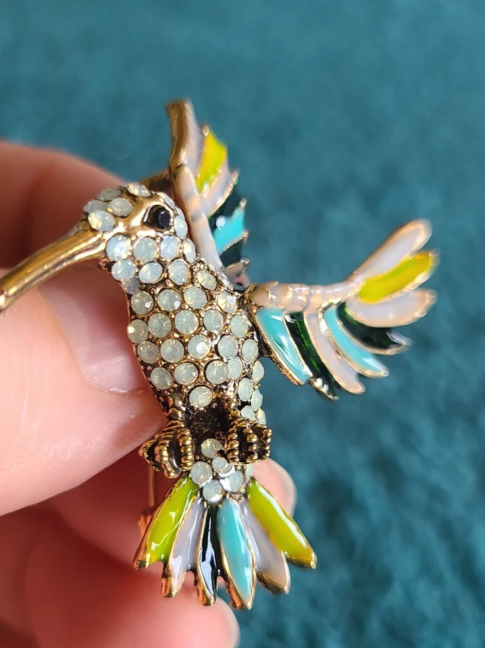 Vintage Hummingbird Brooch in Pastel Green, Pink & Cream